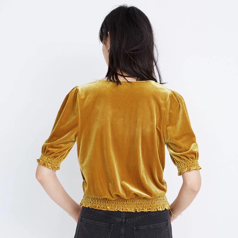 New Madewell Velvet Smocked Crossover Golden Boho Blouse Top Mustard Gold - Picture 6 of 11